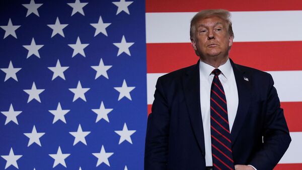 U.S. President Donald Trump stands in front of a U.S. flag as he participates in a roundtable on donating plasma during a visit to the American Red Cross National Headquarters in Washington, U.S., July 30, 2020 - اسپوتنیک ایران  