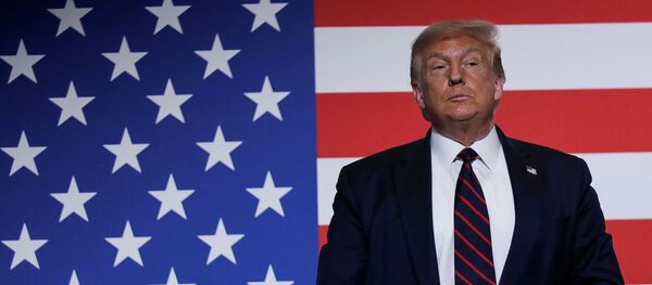 U.S. President Donald Trump stands in front of a U.S. flag as he participates in a roundtable on donating plasma during a visit to the American Red Cross National Headquarters in Washington, U.S., July 30, 2020 - اسپوتنیک ایران  