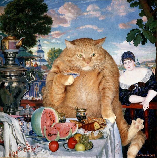 بوریس کوستودیف ، همسر تاجر در چای ، یا به عبارت دقیق تر ، همسر تاجر در گربه  در پروژه سوتلانا پتروا  Fat Cat Art - اسپوتنیک ایران  