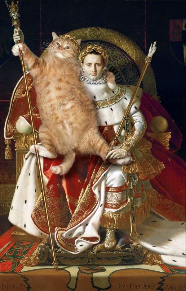 ژان آگوست دومینیک اینگرس ، گربه ای که به همراه  ناپلئون اول بر تخت سلطنت نشسته  با گربه روسی زاراستوسترا در پروژه سوتلانا پتروا  Fat Cat Art - اسپوتنیک ایران  