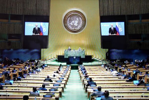 ولادیمیر پوتین رئیس جمهور روسیه در حال سخنرانی در اجلاس مجازی سازمان ملل متحد - اسپوتنیک ایران  