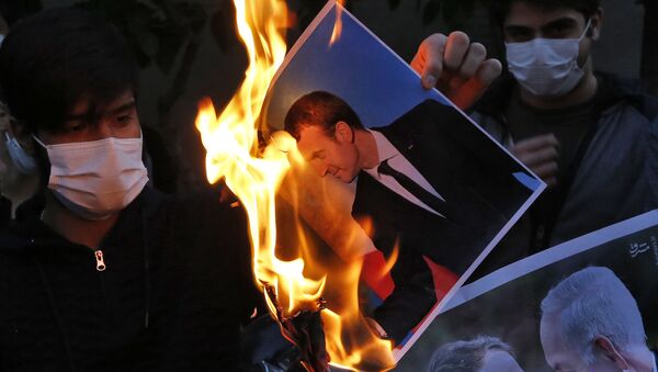 آتش زدن عکس امانوئل ماکرون، رئیس جمهور فرانسه در تهران  - اسپوتنیک ایران  