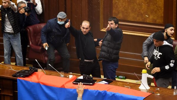 شرکت کنندگان در تظاهرات در یکی از سالن های ساختمان پارلمان ارمنستان در ایروان - اسپوتنیک ایران  