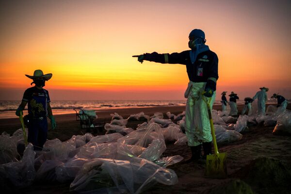 نیروی دریایی این کشور به همراه  افرادی از شرکت پالایشگاه پتروشیمی استار و تعدادی داوطلب به تمیز کردن ساحل مشغول هستند. - اسپوتنیک ایران  