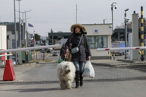 ساکنان اوکراین هنگام ورود به کشورهای دیگر، حیوانات خانگی خود را نیز همراه می‌برند.عبور از مرز لهستان. - اسپوتنیک ایران  