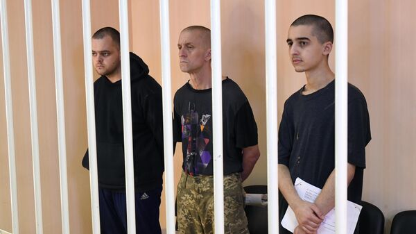 Иностранные наёмники Шон Пиннер, Саадун Брагим и Эйден Эслин в зале суда в Донецке - اسپوتنیک ایران  