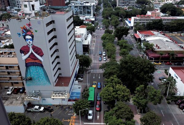 نمای هوایی نقاشی دیواری هنرمند ایرلندی فین داک &quot;Magdalena&quot;، به افتخار نقاش مکزیکی فریدا کالو، در ماه تولد او، در گوادالاخارا، ایالت Jalisco، مکزیک، در 14 ژوئیه 2019 - اسپوتنیک ایران  