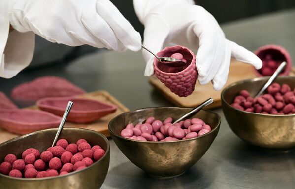 شکلات &quot;Ruby&quot;، شکلات صورتی جدید که بدون افزودن انواع توت ها، طعم دهنده ها یا رنگ ها به دست می آید، در کارخانه Barry Callebaut Belgium در Lebbeke-Wieze به رسانه ها معرفی شد. - اسپوتنیک ایران  
