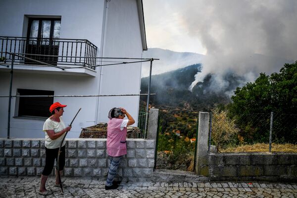 مردم در حال تماشای پیشروی آتش سوزی جنگلی در روستای سامیرو در نزدیکی شهر مانتیگاس پرتغال. - اسپوتنیک ایران  