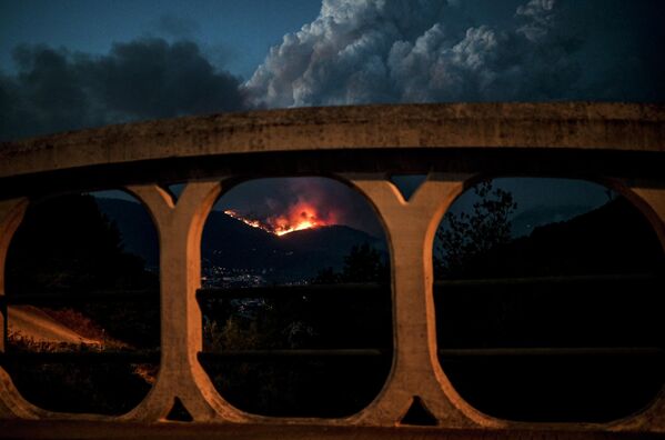 صحنه پیشروی آتش سوزی جنگلی در روستای سامیرو در نزدیکی شهر مانتیگاس پرتغال. - اسپوتنیک ایران  