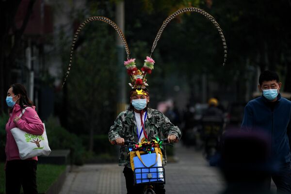 مردی با ماسک یک شاه میمون در حال عبور از خیابان در پکن، 2 نوامبر  - اسپوتنیک ایران  