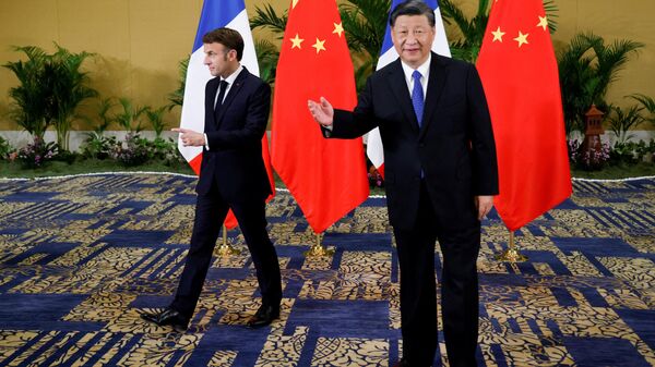 Президент Франции Эммануэль Макрон и председатель КНР Си Цзиньпин на саммите G20 в Индонезии  - اسپوتنیک ایران  
