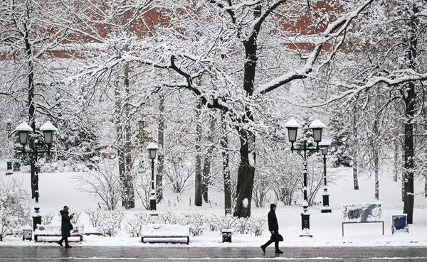 مردم در حال گردش در باغ الکساندر پوشیده از برف. طی شبانه روز گذشته، یک چهارم بارندگی ماهانه در مسکو برف آمده است - اسپوتنیک ایران  
