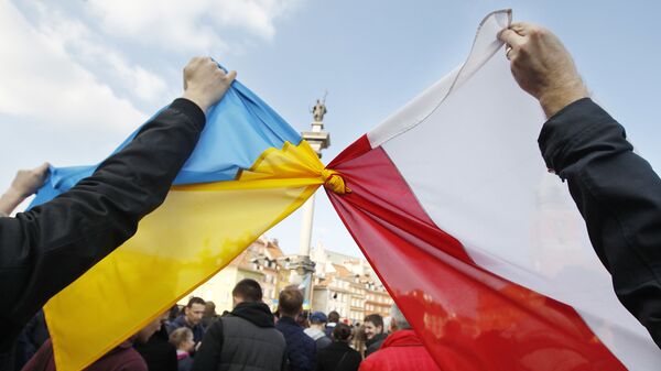 Украинский и польский флаги во время демонстрации в поддержку оппозиционного движения на Украине, в Варшаве, Польша - اسپوتنیک ایران  