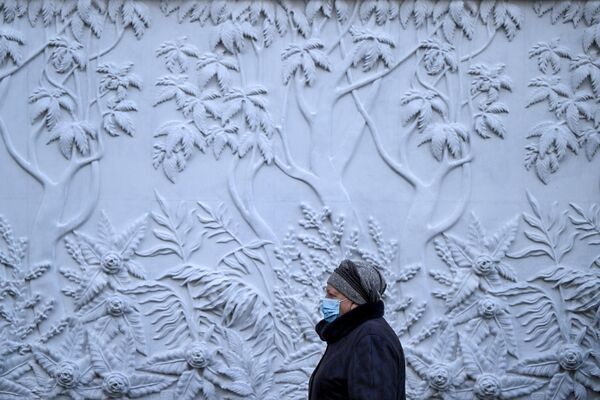 زنی با ماسک بروی صورت در دمای هوای حدود منفی 16 درجه سانتیگراد در مسکو قدم می زند.9 ژانویه 2023 - اسپوتنیک ایران  