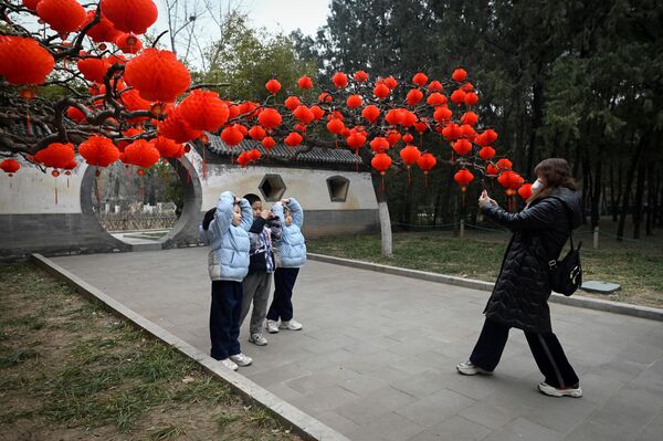 فانوس های قرمز آویزان روی درختی در پارکی در پکن هنگام تهیه مقدمات جشن سال نو بر طبق تقویم شرقی. - اسپوتنیک ایران  