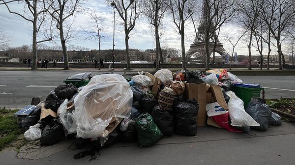 Мусорные пакеты на фоне Эйфелевой башни, после того как сборщики мусора объявили забастовку против пенсионных реформ во Франции - اسپوتنیک ایران  