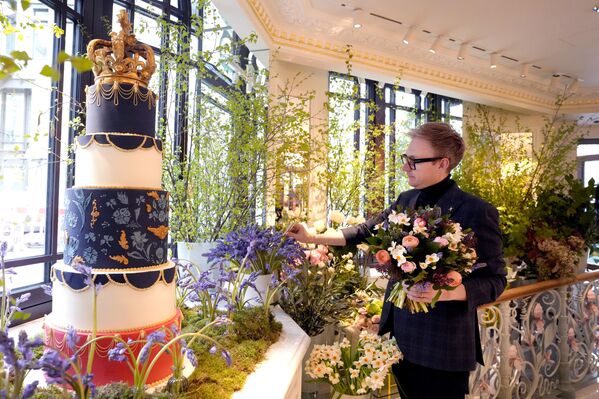 کیک به مناسبت تاجگذاری چارلز سوم.فیلیپ هاموند، طراح گل آرایی در حال آرایش گل ها برای مراسم تاجگذاری چارلز سوم در لندن. - اسپوتنیک ایران  