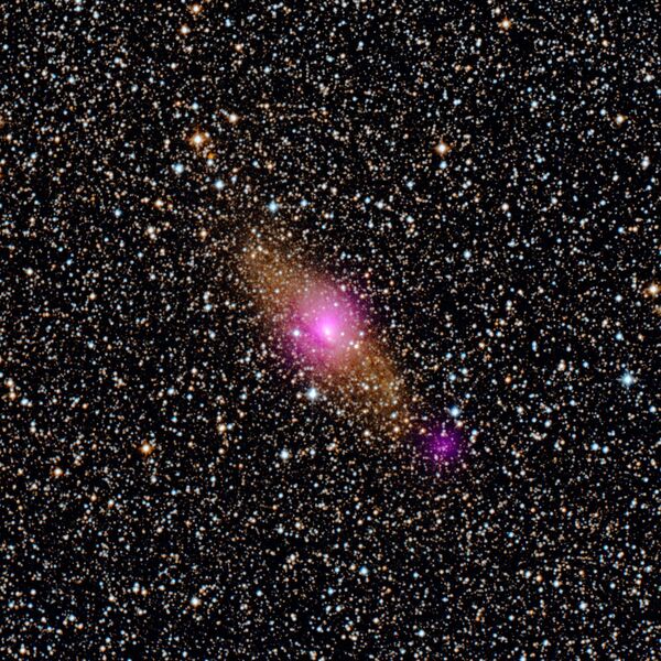 لکه‌های سرخابی در این تصویر دو سیاه‌چاله را در کهکشان سیرسینوس نشان می‌دهند: سیاه‌چاله بسیار پرجرم در قلب آن، و سیاه‌چاله‌ای کوچک‌تر که به لبه آن نزدیک‌تر است که متعلق به کلاسی به نام منابع پرتو ایکس فوق‌العاده یا ULX است. داده‌های پرتو ایکس سرخابی از آرایه تلسکوپی طیف‌سنجی هسته‌ای ناسا می‌آیند و روی یک تصویر مرئی/مادون قرمز از نقشه دیجیتالی آسمان پوشانده شده‌اند. - اسپوتنیک ایران  