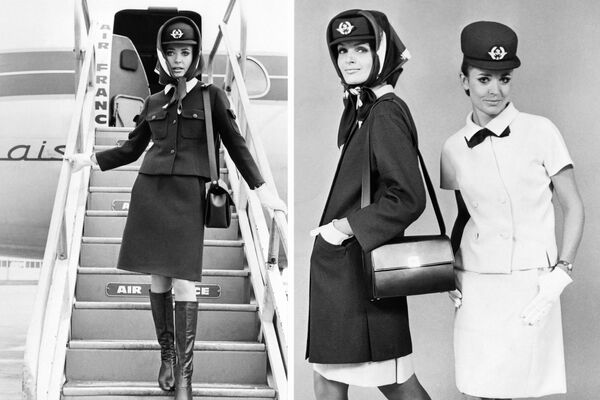 ترکیبی از تصاویر گرفته شده در 9 دسامبر 1968 که مهمانداران هواپیمایی ایرفرانس را نشان می دهد که لباس جدید این شرکت را که توسط طراح Balenciaga ساخته شده است، پوشیده اند. (عکس از خبرگزاری فرانسه) - اسپوتنیک ایران  