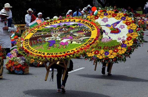 کشاورزان در رژه سنتی "سیلتروز" که به عنوان بخشی از جشنواره گل در "میدلین"، کلمبیا برگزار می شود، گل آرایی معروف به "سیلتاس" را حمل می کنند. - اسپوتنیک ایران  