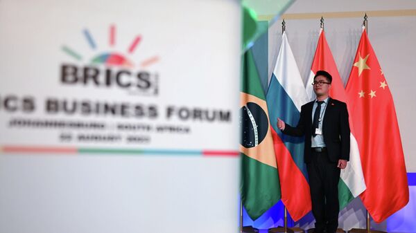 Участник бизнес-форума фотографируется у флагов стран-участниц БРИКС в Йоханнесбурге - اسپوتنیک ایران  