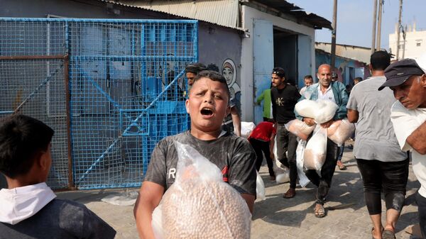 Палестинский мальчик держит мешок с нутом, полученном в гуманитарном центре ООН, в Дейр-эль-Балахе - اسپوتنیک ایران  