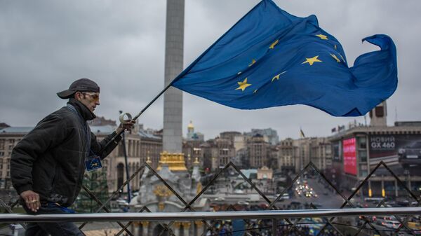 Участник акции в поддержку евроинтеграции Украины на площади Независимости в Киеве - اسپوتنیک ایران  