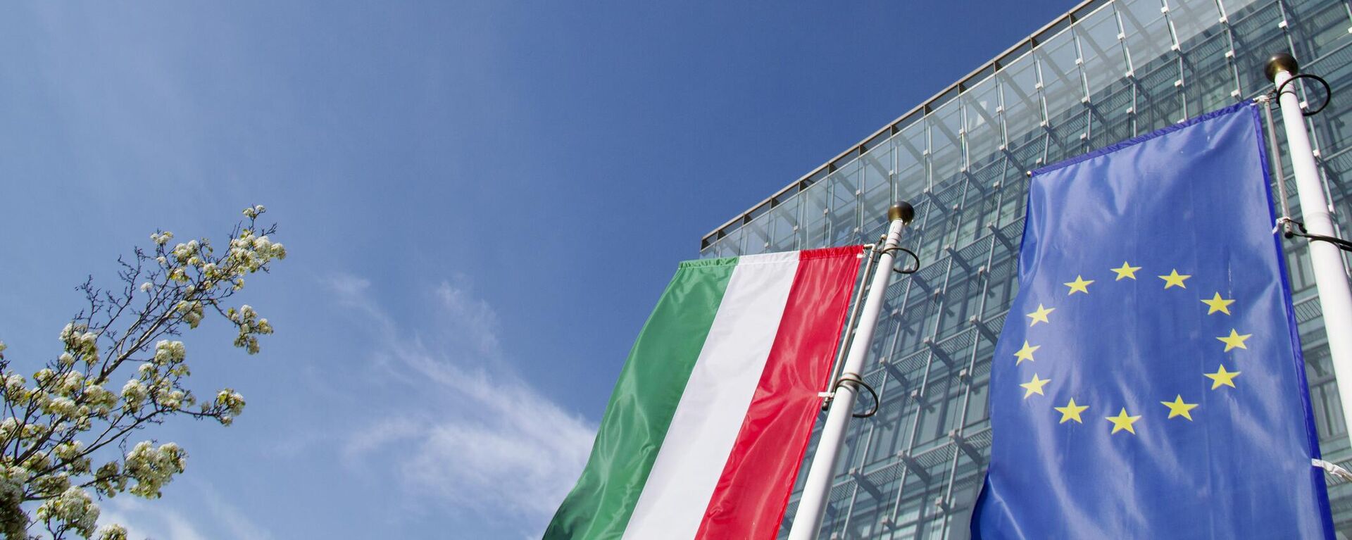 Флаг Венгрии и флаг Европейского Союза на финансовом здании в Будапеште, Венгрия - اسپوتنیک ایران  , 1920, 02.02.2024