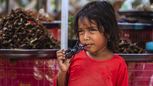 Девочка ест жареного паука на рынке в Камбодже - اسپوتنیک ایران  