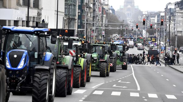 Фермеры на тракторах блокируют движение в центре Брюсселя во время демонстрации против плана по снижению уровня нитратов - اسپوتنیک ایران  