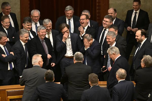 خنده غیر قابل کنترل قانون‌گذاران قبل از سوگند تاماس سولیوک به عنوان رئیس‌جمهور جدید کشور در جلسه پارلمان در بوداپست، مجارستان. - اسپوتنیک ایران  