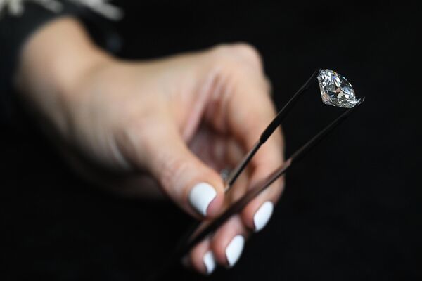 نمایش لات های حراج از مجموعه انحصاری برلیان ALROSA در مسکو. در این حراج که از 23 تا 25 آوریل 2024 برگزار می شود، تعداد 65 برلیان رنگی معمولی و فانتزی کمیاب با اشکال مختلف از مجموعه انحصاری برلیان ALROSA ارائه می شود. گروه ALROSA بزرگترین تولید کننده الماس در قیراط در جهان است که 30 درصد از تولید جهانی الماس و 90 درصد از تولید الماس روسیه را به خود اختصاص داده است. - اسپوتنیک ایران  