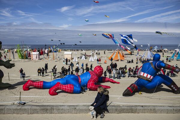 زنی در حال تماشای مردم در حال پرواز بادبادک ها در طول سی و هفتمین جشنواره بین المللی بادبادک در ساحل برک-سور-مر، شمال فرانسه است. - اسپوتنیک ایران  