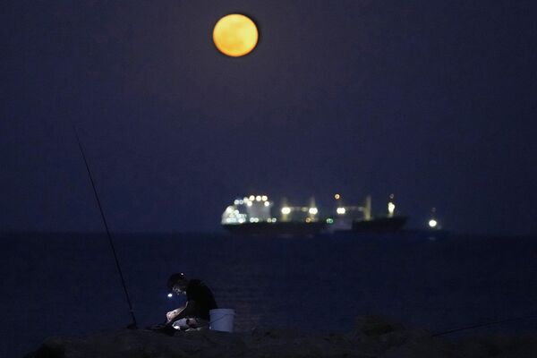 ماه کامل بر فراز یک کشتی لنگر انداخته در خارج از بندر طلوع می کند، در حالی که مردی در شهر ساحلی جنوبی لارناکا، در جزیره قبرس در مدیترانه شرقی، در حال ماهیگیری است، پنجشنبه، 23 مه 2024. - اسپوتنیک ایران  