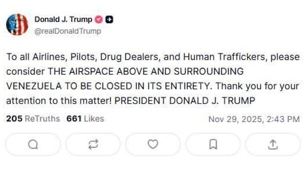 ترامپ از بسته شدن حریم هوایی بر فراز و اطراف ونزوئلا خبر داد - اسپوتنیک ایران  