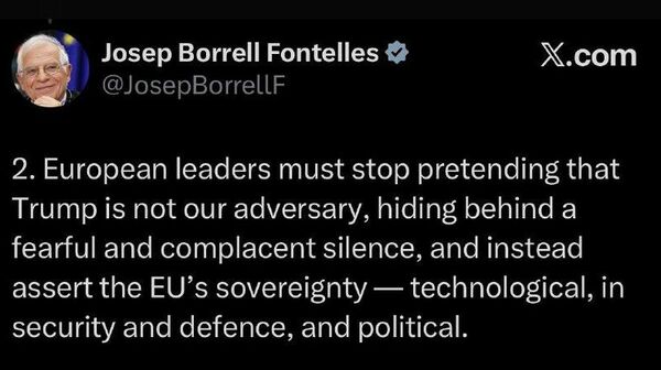 جوزپ بورل، رئیس سابق دیپلماسی اروپا، در کنفرانس خبری روز جمعه گفت: رهبران اروپایی باید از تظاهر به اینکه ترامپ دشمن ما نیست، دست بردارند - اسپوتنیک ایران  
