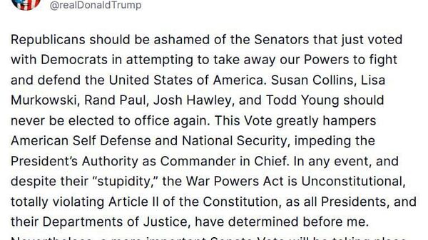 واکنش ترامپ به رأی سنا برای محدود کردن استفاده از نیروهای مسلح علیه ونزوئلا - اسپوتنیک ایران  