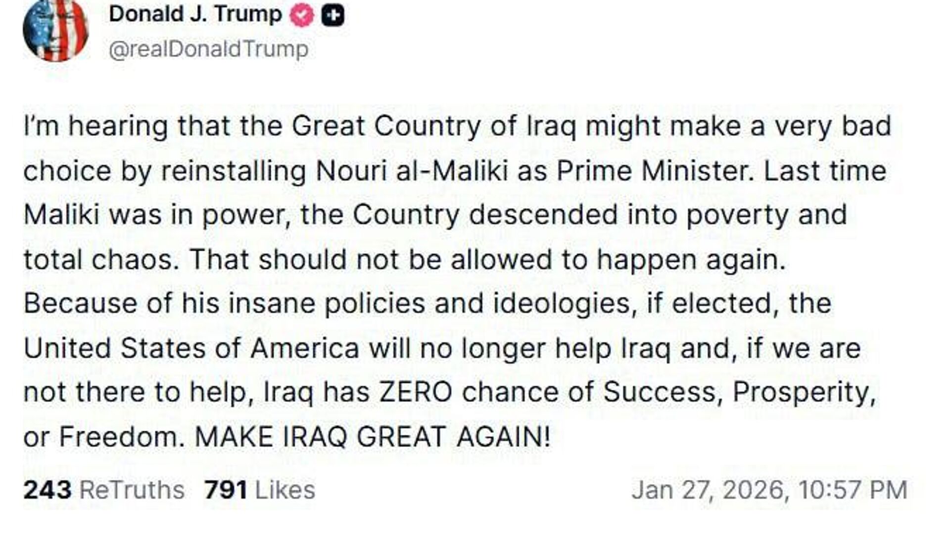 ترامپ نسبت به بازگشت مالکی به عنوان نخست وزیر عراق هشدار داد ترامپ نسبت به بازگشت مالکی به عنوان نخست وزیر عراق هشدار داد - اسپوتنیک ایران , 1920, 28.01.2026