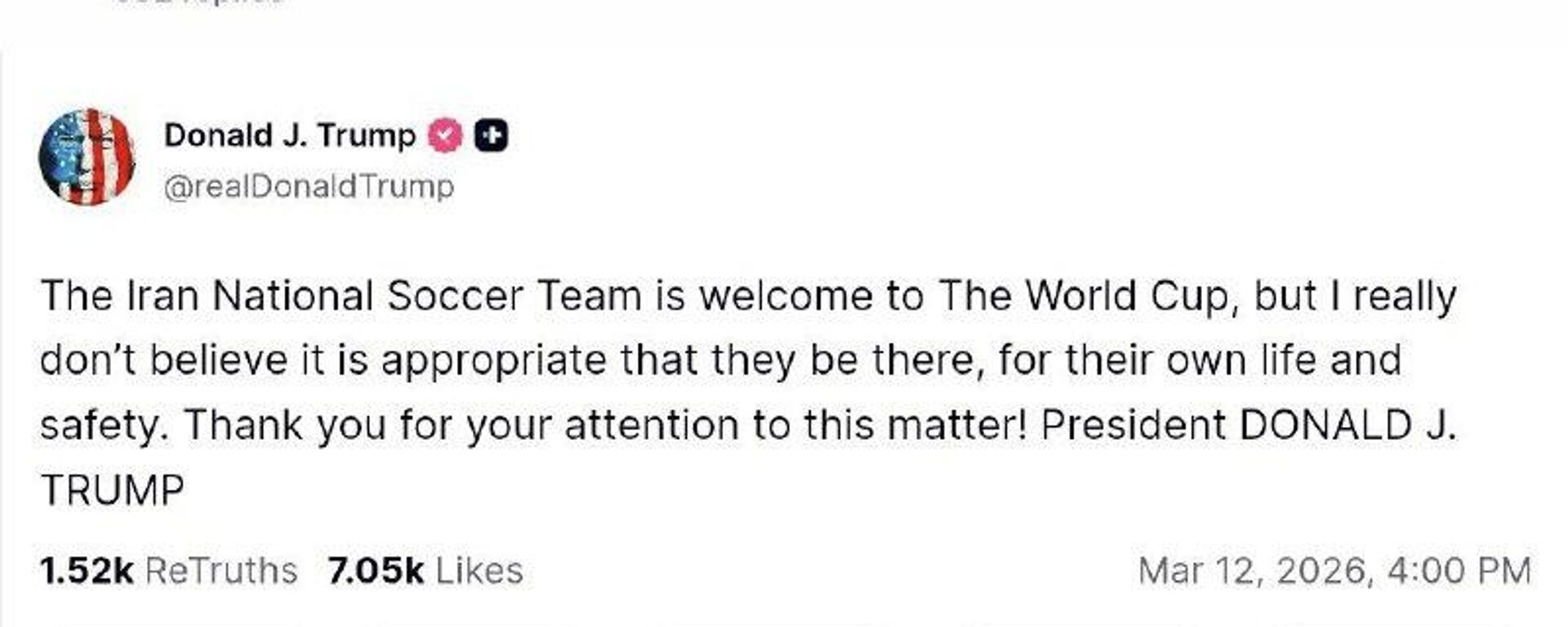 هشدار ترامپ به تیم ملی فوتبال ایران - اسپوتنیک ایران  , 1920, 12.03.2026