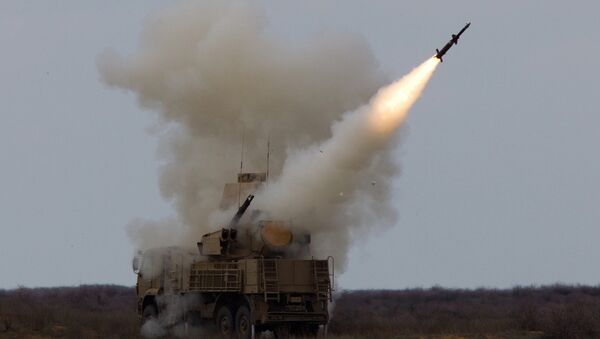 Rocket launch by the Pantsir-S surface-to-air missile system during an exercise (air defense conference) of the Air Defense soldiers. Ashuluk firing ground, Astrakhan region - اسپوتنیک ایران  
