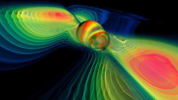 Numerical simulation of two merging black holes performed by the Albert Einstein Institute in Germany: what this rendition shows through colors is the degree of perturbation of the spacetime fabric, the so-called gravitational waves - اسپوتنیک ایران  