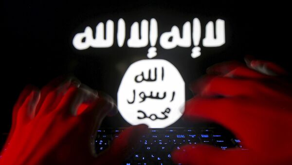 A man types on a keyboard in front of a computer screen on which an Islamic State flag is displayed, in this picture illustration taken in Zenica, Bosnia and Herzegovina, February 6, 2016 - اسپوتنیک ایران  
