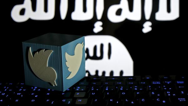 A 3D-printed Twitter logo is seen on a keyboard in front of a computer screen on which an Islamic State flag is displayed, in this picture illustration taken in Zenica, Bosnia and Herzegovina, February 6, 2016 - اسپوتنیک ایران  