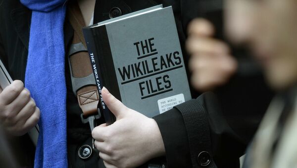 A supporter of WikiLeaks founder julian Assange holds a copy of The WikiLeaks Files outside the Ecuadorian embassy in central London, Britain February 5, 2016 - اسپوتنیک ایران  