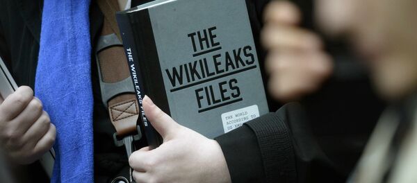 A supporter of WikiLeaks founder julian Assange holds a copy of The WikiLeaks Files outside the Ecuadorian embassy in central London, Britain February 5, 2016 - اسپوتنیک ایران  