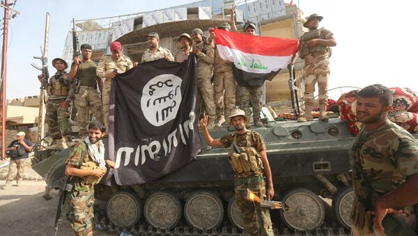 Шиитские бойцы и силы безопасности Ирака держат захваченный флаг ДАИШ в городе Эс-Саклавия, Ирак - اسپوتنیک ایران  