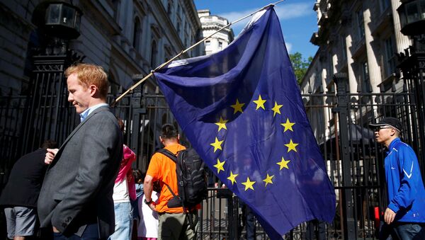 Мужчина с флагом Евросоюза на улице Лондона после голосования по Brexit - اسپوتنیک ایران  
