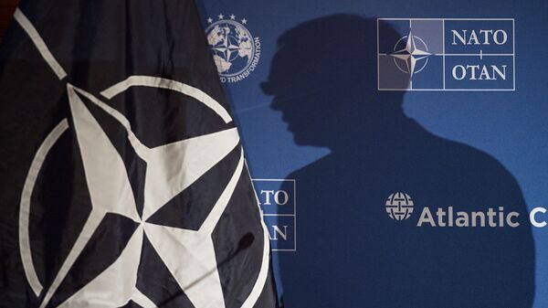 Тень генсека НАТО Йенса Столтенберга на логотипе НАТО - اسپوتنیک ایران  