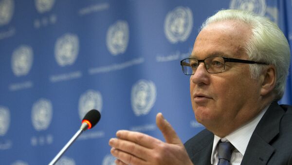 Russian ambassador to the United Nations Vitaly Churkin speaks during a news conference at the UN headquarters in New York. - اسپوتنیک ایران  
